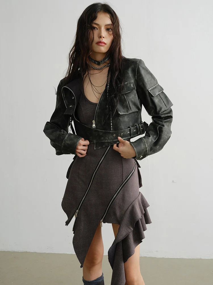 Marigold Shadows Jackets Cateey Vegan Leather Cropped Motorcycle Jacket