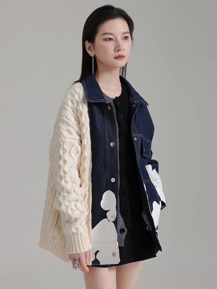 Marigold Shadows Jackets Hunna Irregular Denim Knit Jacket - Cream