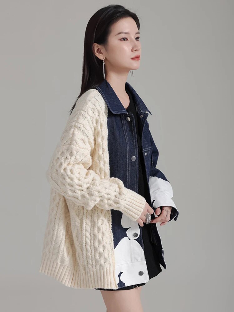 Marigold Shadows Jackets Hunna Irregular Denim Knit Jacket - Cream