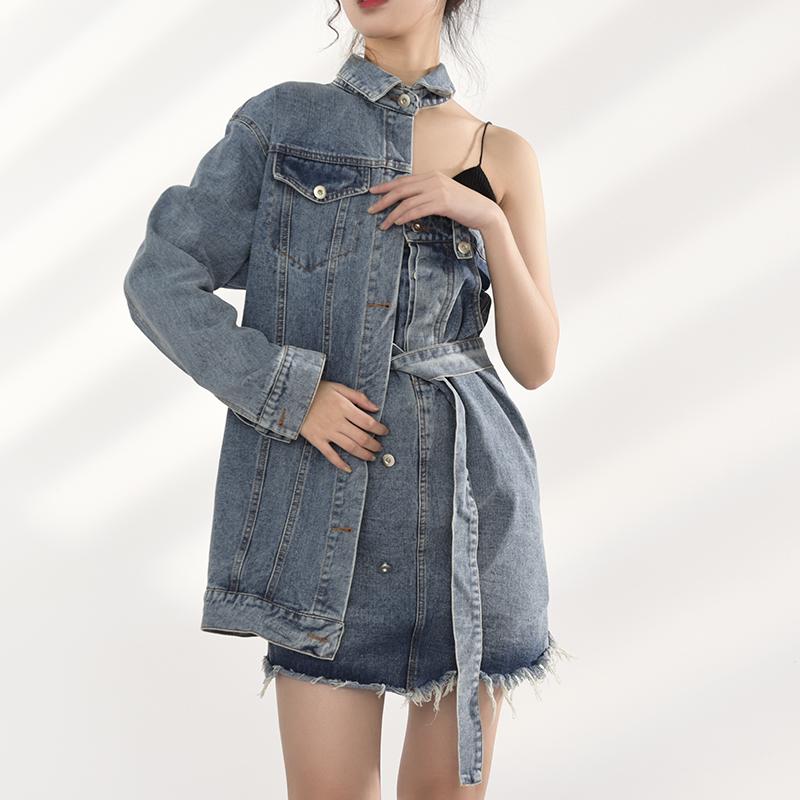 Marigold Shadows jackets Ichika One Sided Long Sleeve Denim Jacket Dress Set