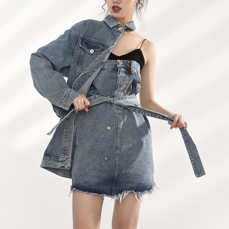 Marigold Shadows jackets Ichika One Sided Long Sleeve Denim Jacket Dress Set