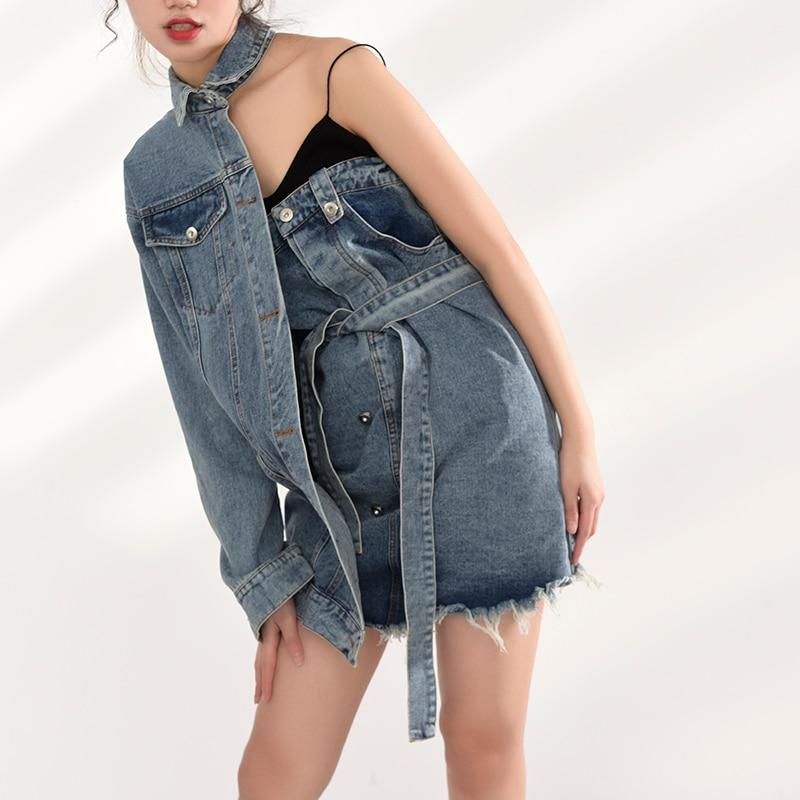 Marigold Shadows jackets Ichika One Sided Long Sleeve Denim Jacket Dress Set