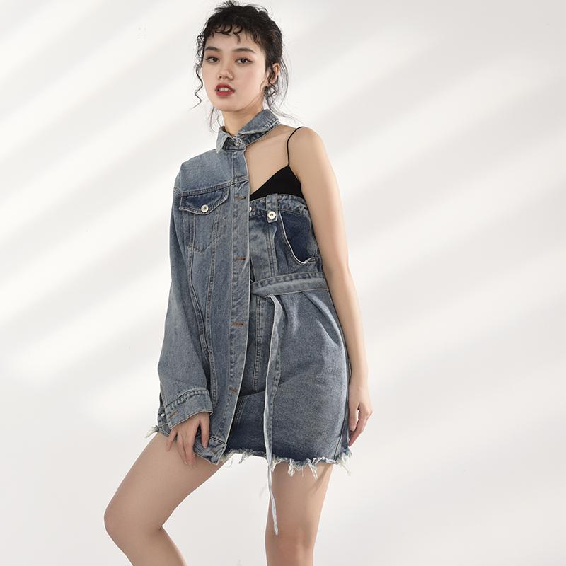 Marigold Shadows jackets Ichika One Sided Long Sleeve Denim Jacket Dress Set