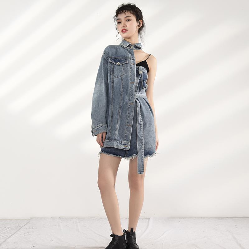 Marigold Shadows jackets Ichika One Sided Long Sleeve Denim Jacket Dress Set