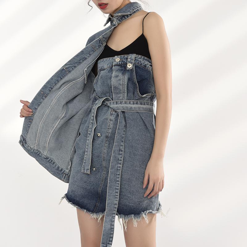 Marigold Shadows jackets Ichika One Sided Long Sleeve Denim Jacket Dress Set