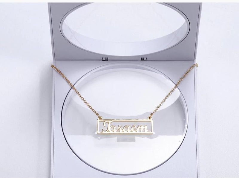 Marigold Shadows jewelry Elina Custom Name Hollow Bar Necklace