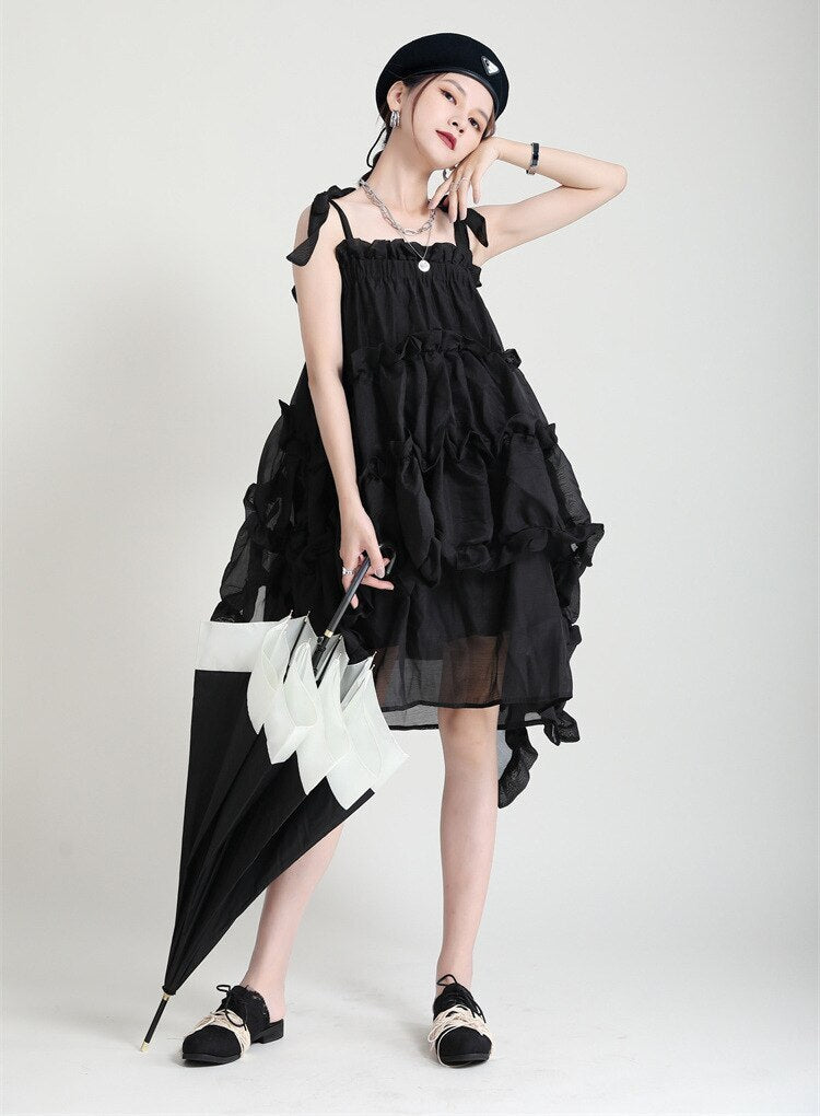 Casual gothic black high collar asymmetrical jersey dress with body harness