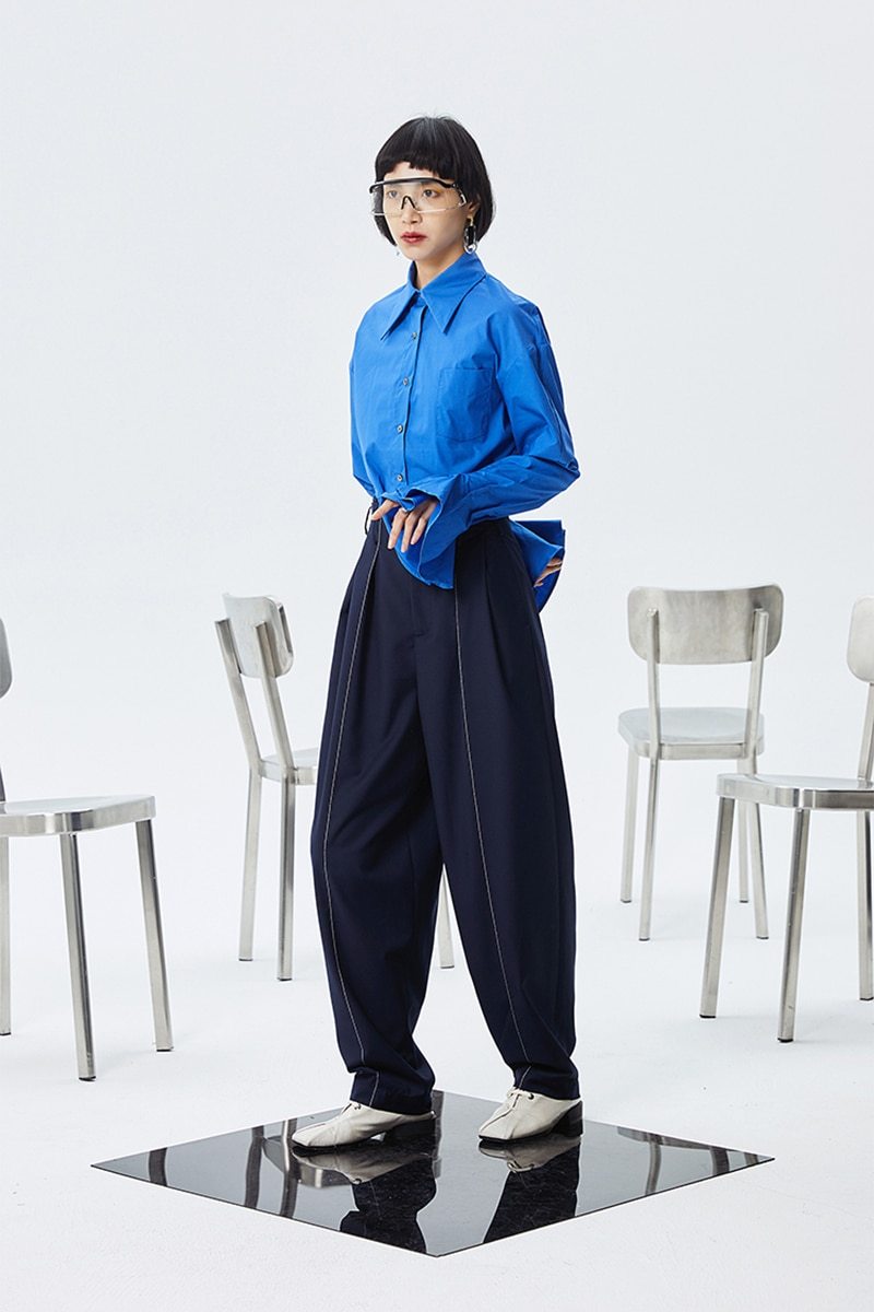 Marigold Shadows pants Setsuko Pleated Long Wide Leg Pants - Navy Blue