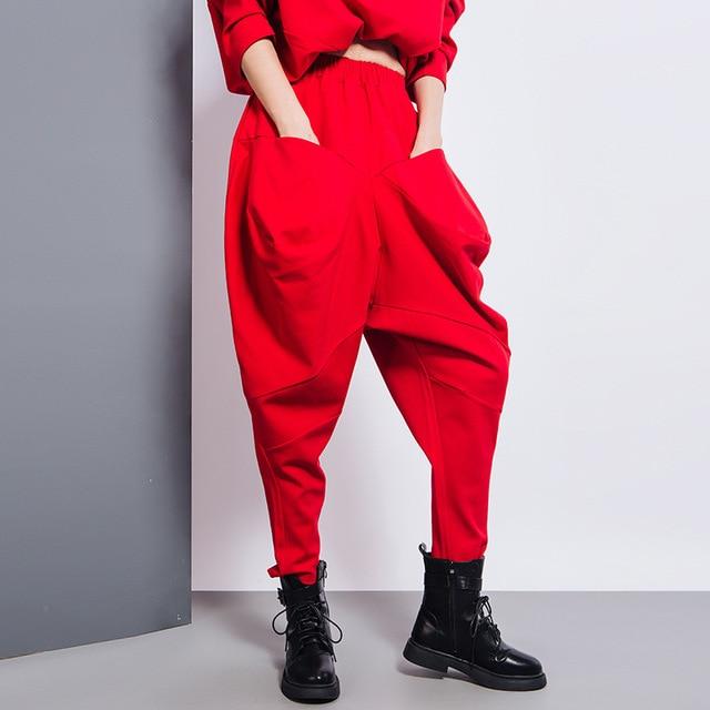 Marigold Shadows Pants Tanaka Pocket High Waist Harem Pants - Red