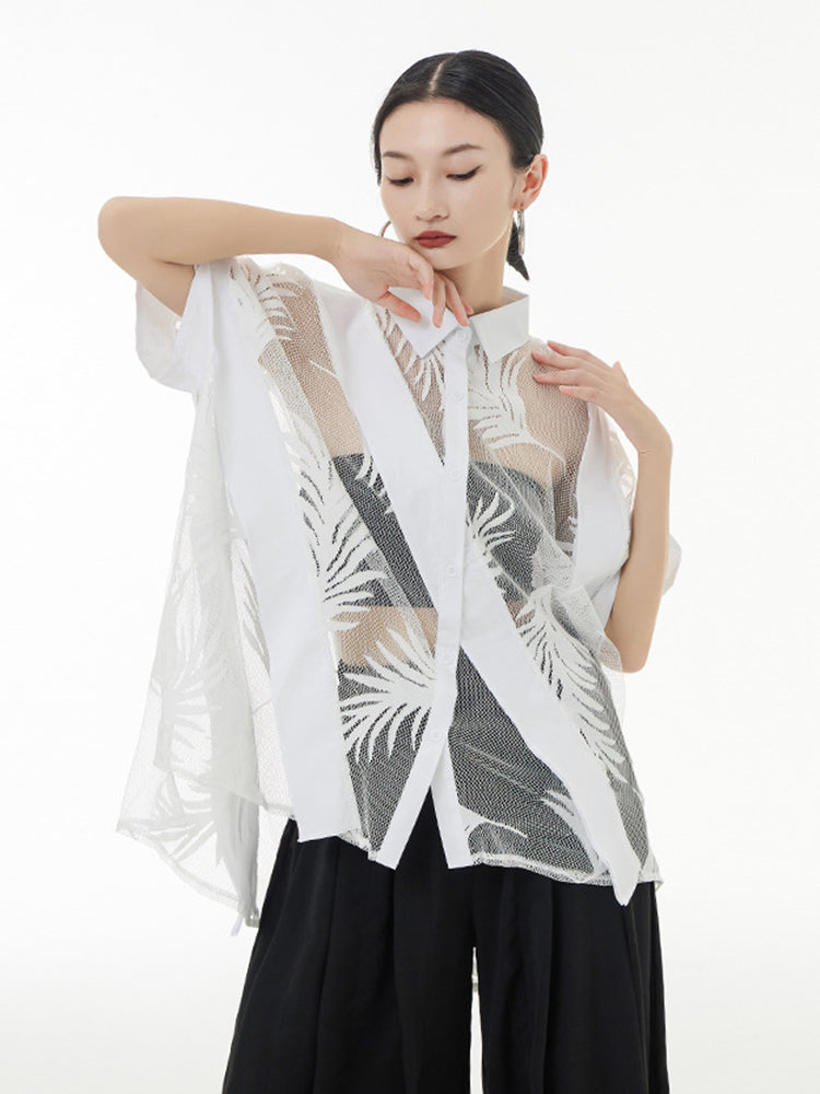 Marigold Shadows Shirts Hayato Sheer Leaf Blouse - White