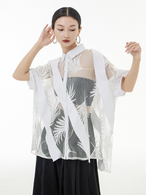 Marigold Shadows Shirts Hayato Sheer Leaf Blouse - White