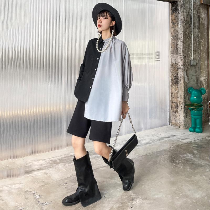 Marigold Shadows shirts Hekima Two Tone Long Sleeve Irregular Shirt