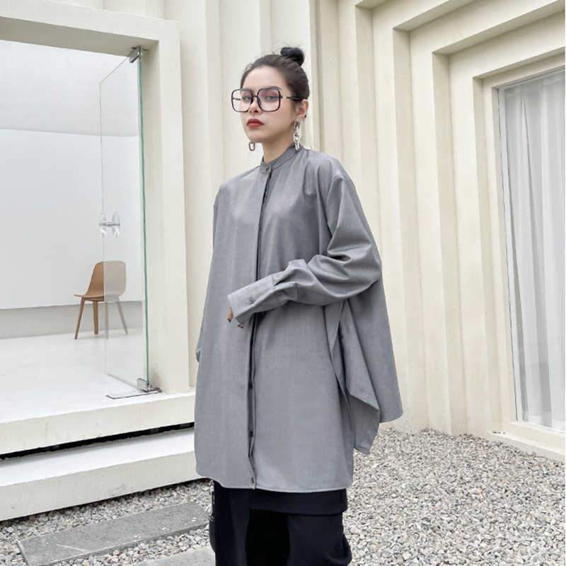 Marigold Shadows shirts Kume Loose Stand Collar Long Sleeve Shirt - Gray