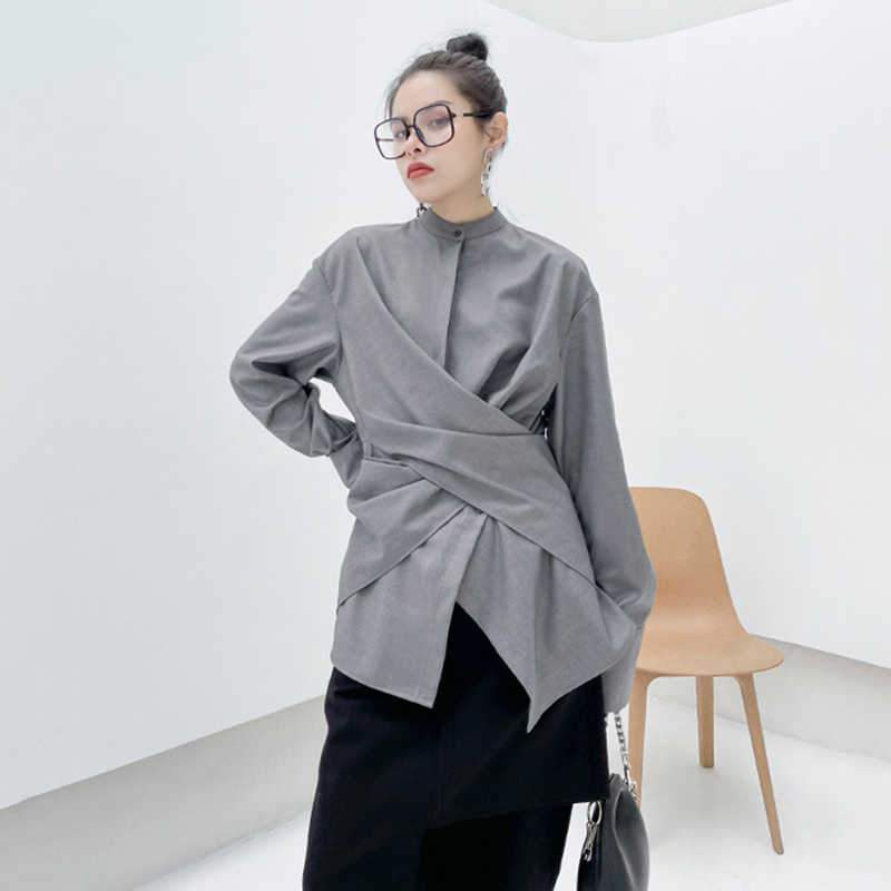 Marigold Shadows shirts Kume Loose Stand Collar Long Sleeve Shirt - Gray