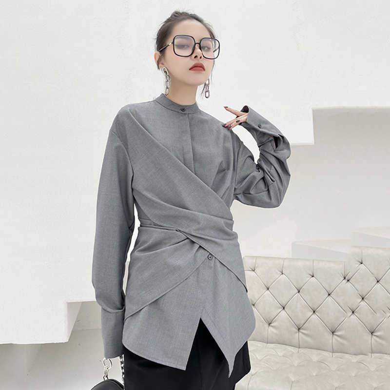 Kume Loose Stand Collar Long Sleeve Shirt - Gray – Marigold Shadows