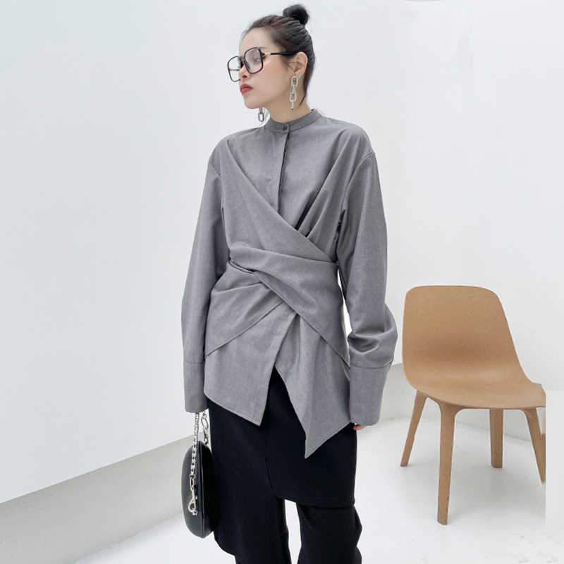 Marigold Shadows shirts Kume Loose Stand Collar Long Sleeve Shirt - Gray