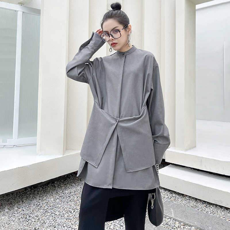 Marigold Shadows shirts Kume Loose Stand Collar Long Sleeve Shirt - Gray