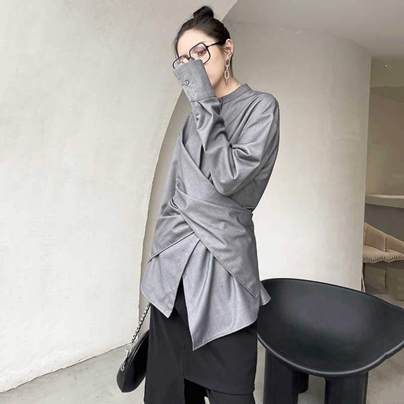 Marigold Shadows shirts Kume Loose Stand Collar Long Sleeve Shirt - Gray