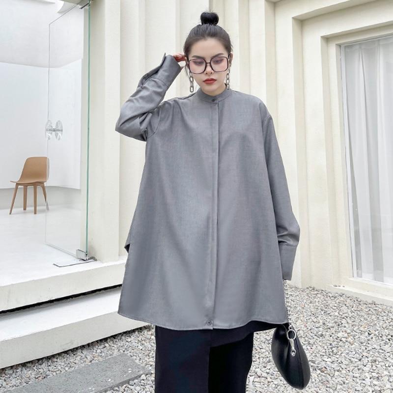 Marigold Shadows shirts Kume Loose Stand Collar Long Sleeve Shirt - Gray