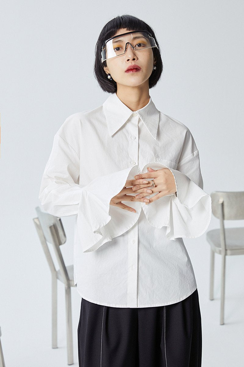 Marigold Shadows shirts Leena Pleated Long Sleeve Shirt - White