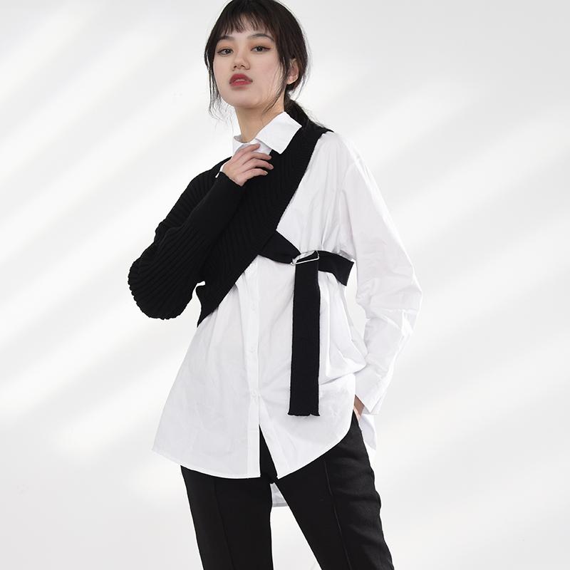 Marigold Shadows shirts Manami Knitted Long Sleeve Irregular Shirt - Black