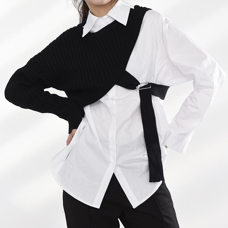 Marigold Shadows shirts Manami Knitted Long Sleeve Irregular Shirt - Black