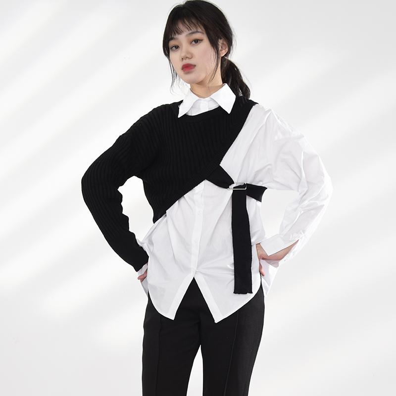 Marigold Shadows shirts Manami Knitted Long Sleeve Irregular Shirt - Black