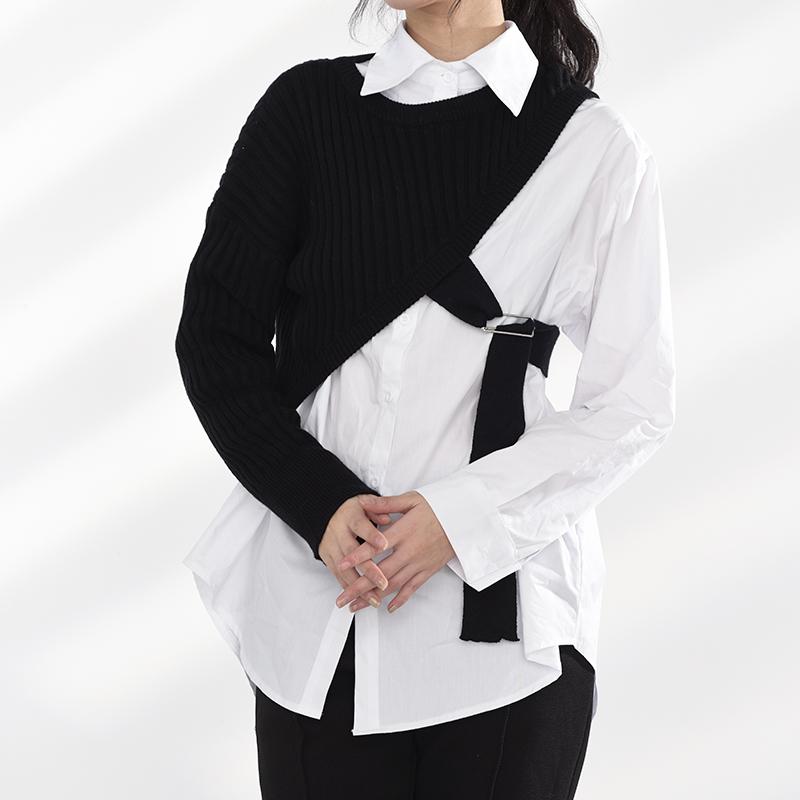 Marigold Shadows shirts Manami Knitted Long Sleeve Irregular Shirt - Black