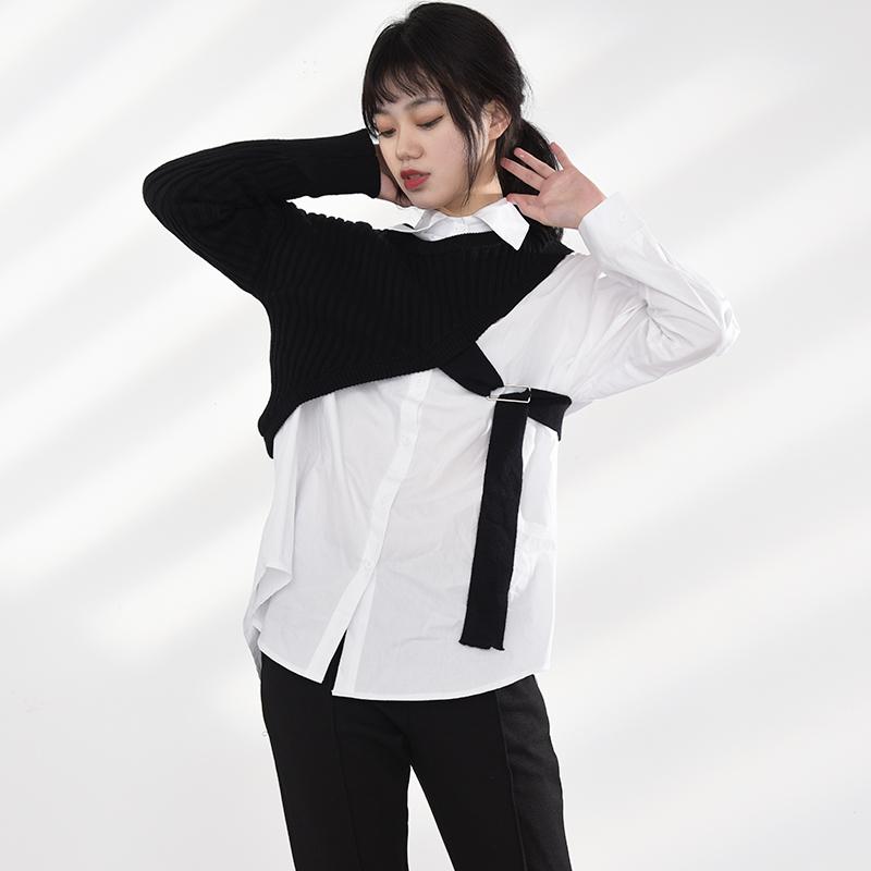 Marigold Shadows shirts Manami Knitted Long Sleeve Irregular Shirt - Black