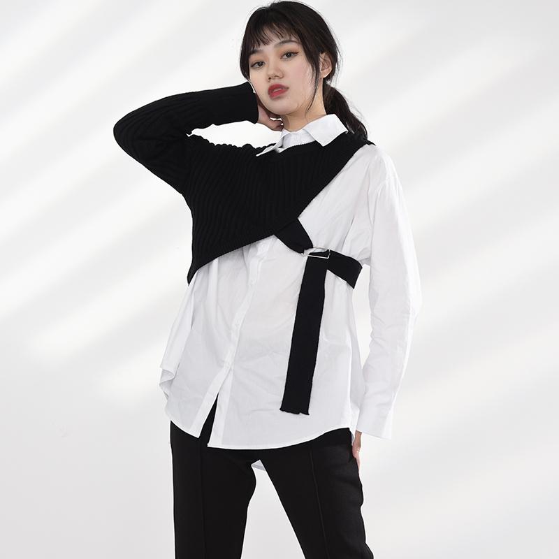 Marigold Shadows shirts Manami Knitted Long Sleeve Irregular Shirt - Black