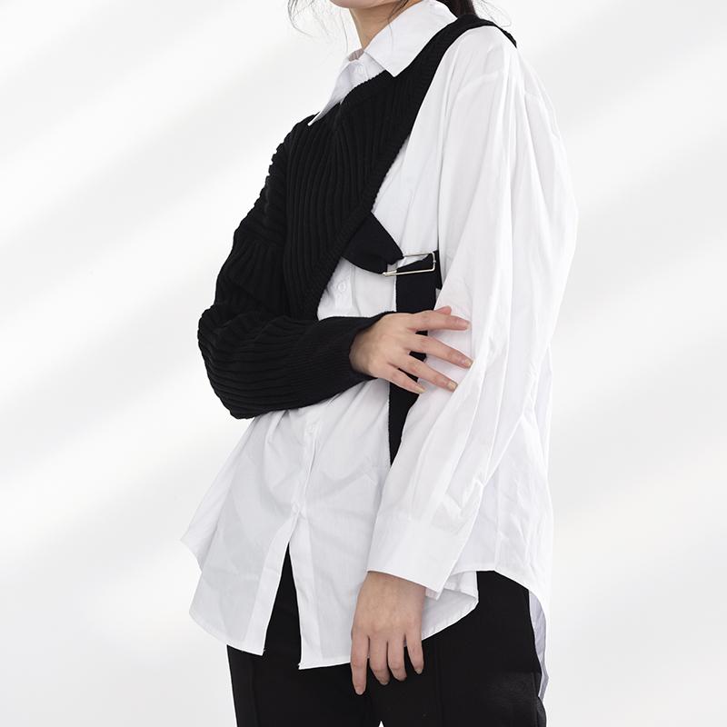 Marigold Shadows shirts Manami Knitted Long Sleeve Irregular Shirt - Black