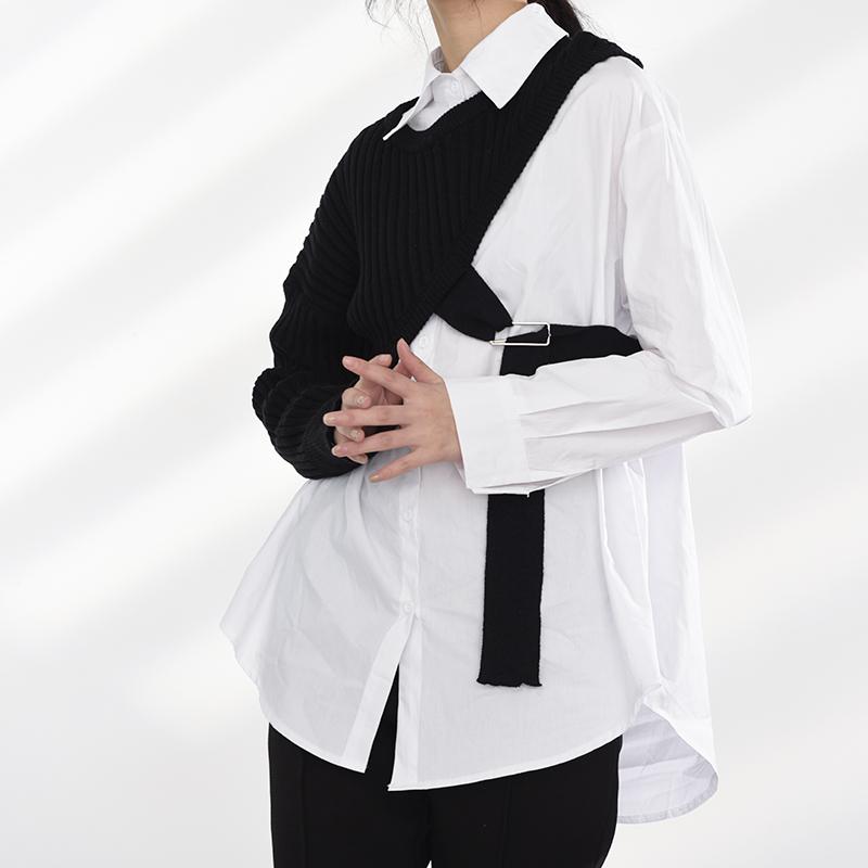 Marigold Shadows shirts Manami Knitted Long Sleeve Irregular Shirt - Black