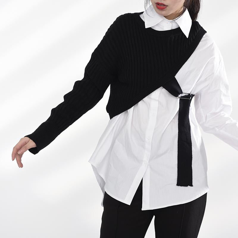 Marigold Shadows shirts Manami Knitted Long Sleeve Irregular Shirt - Black