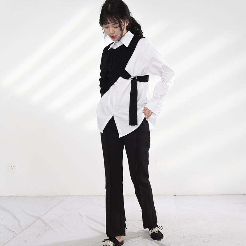 Marigold Shadows shirts Manami Knitted Long Sleeve Irregular Shirt - Black