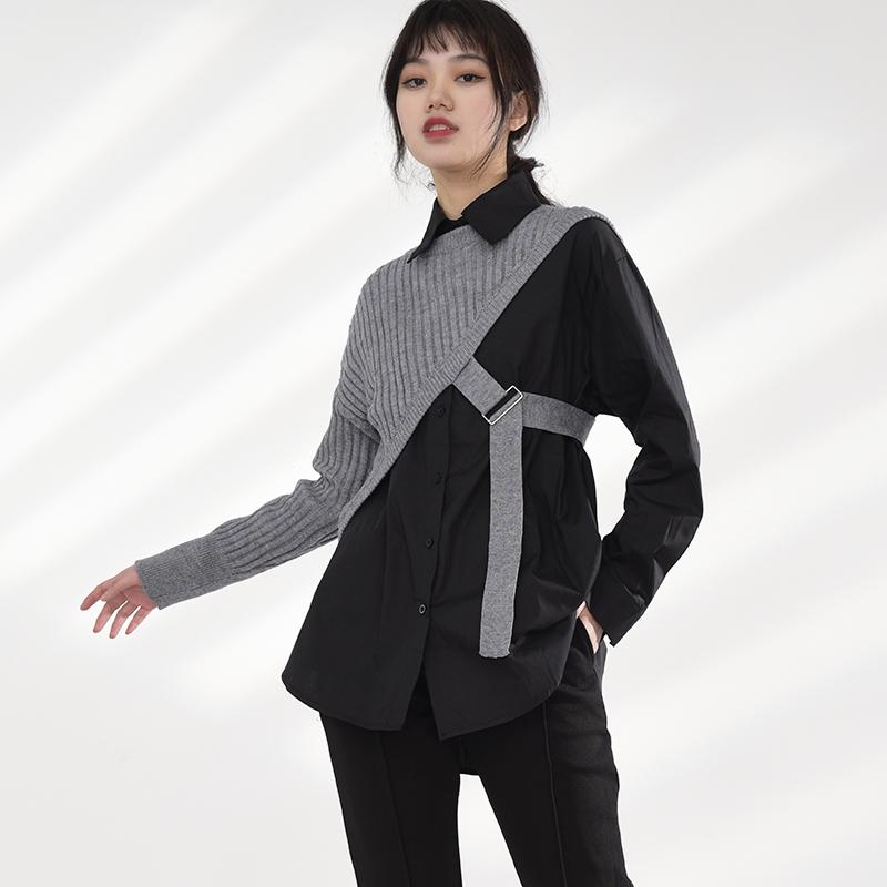 Marigold Shadows shirts Manami Knitted Long Sleeve Irregular Shirt - Gray