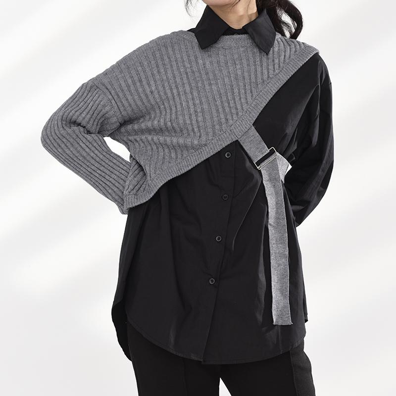 Marigold Shadows shirts Manami Knitted Long Sleeve Irregular Shirt - Gray