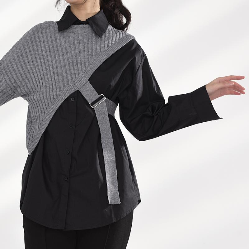 Marigold Shadows shirts Manami Knitted Long Sleeve Irregular Shirt - Gray