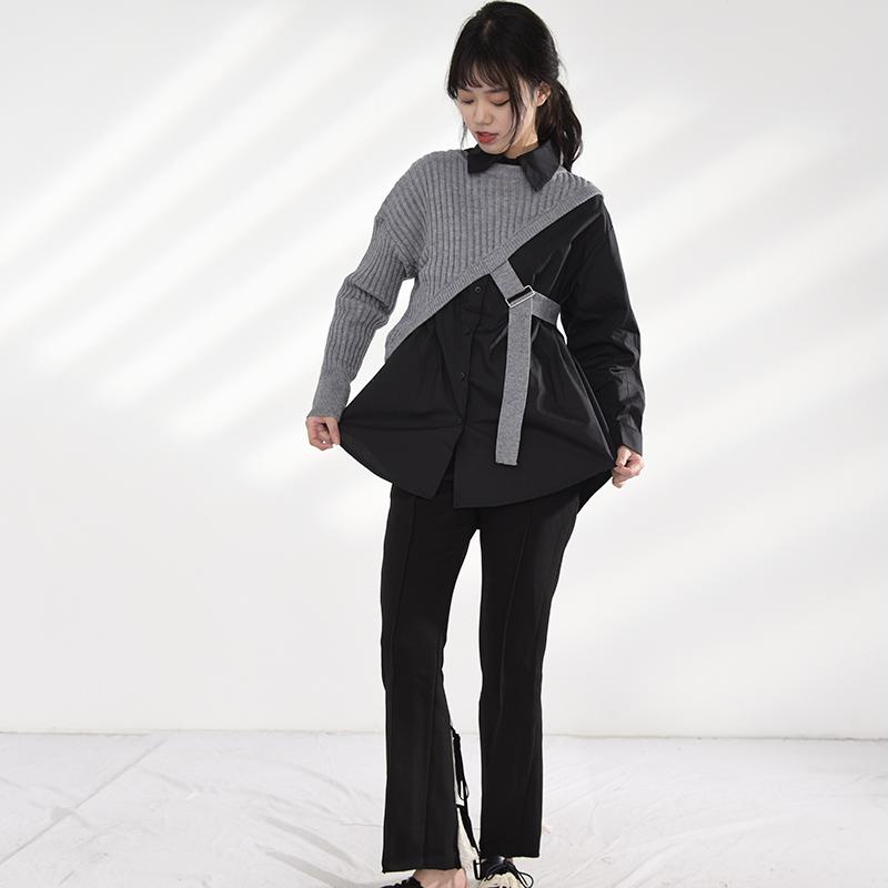 Marigold Shadows shirts Manami Knitted Long Sleeve Irregular Shirt - Gray