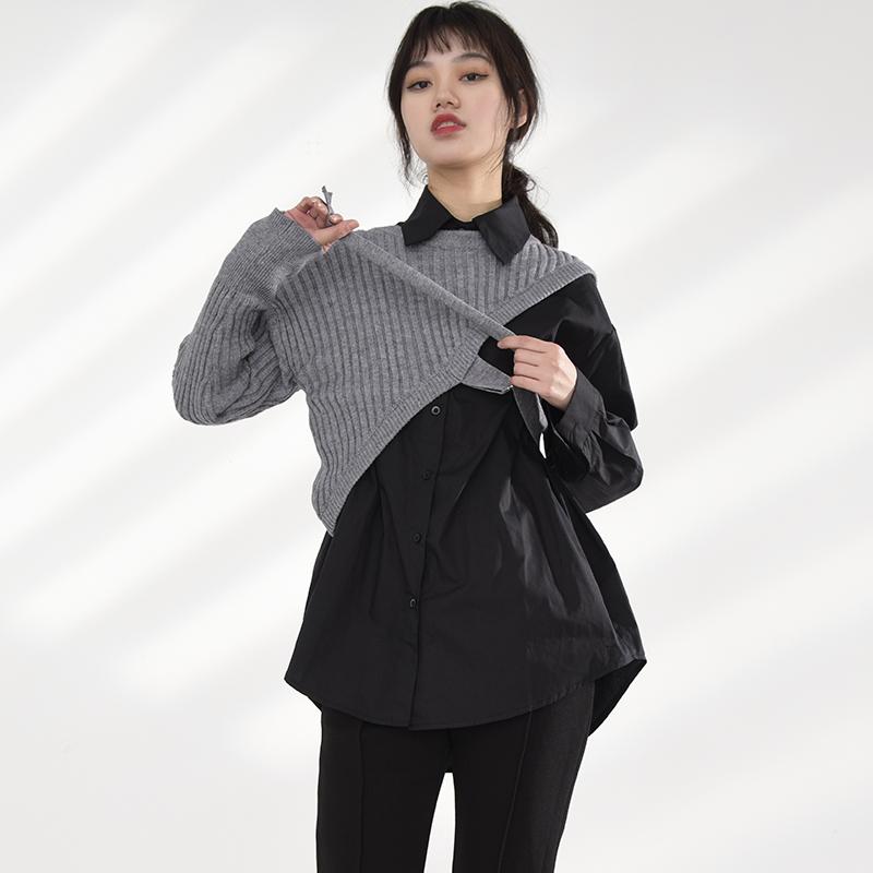 Marigold Shadows shirts Manami Knitted Long Sleeve Irregular Shirt - Gray