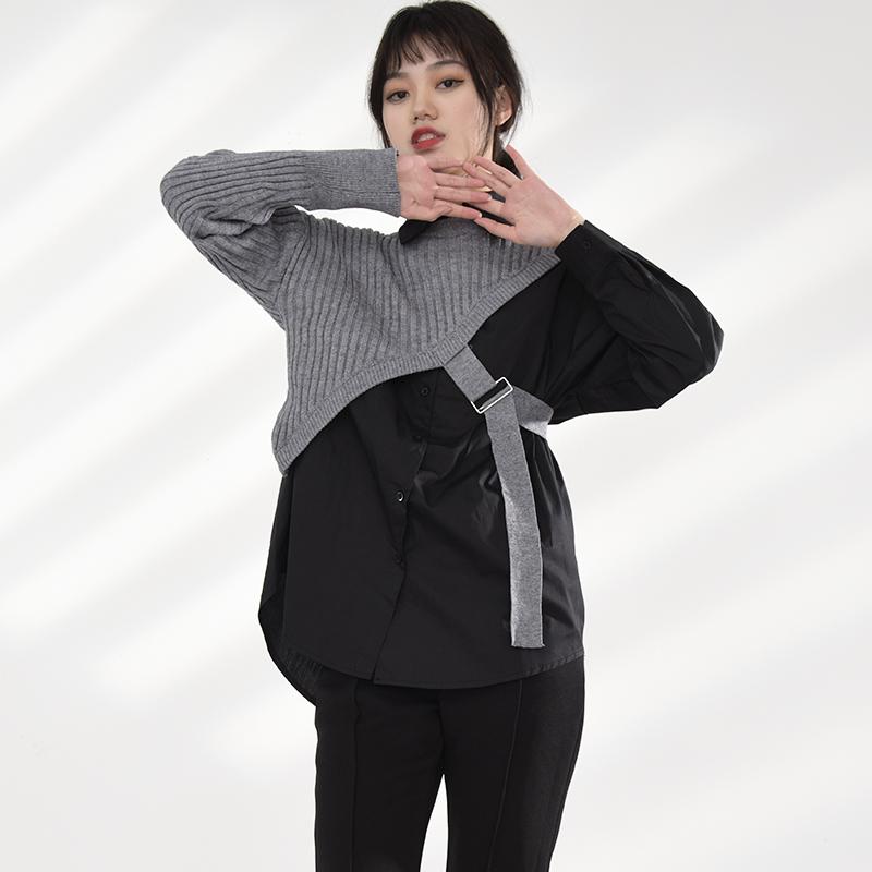 Marigold Shadows shirts Manami Knitted Long Sleeve Irregular Shirt - Gray