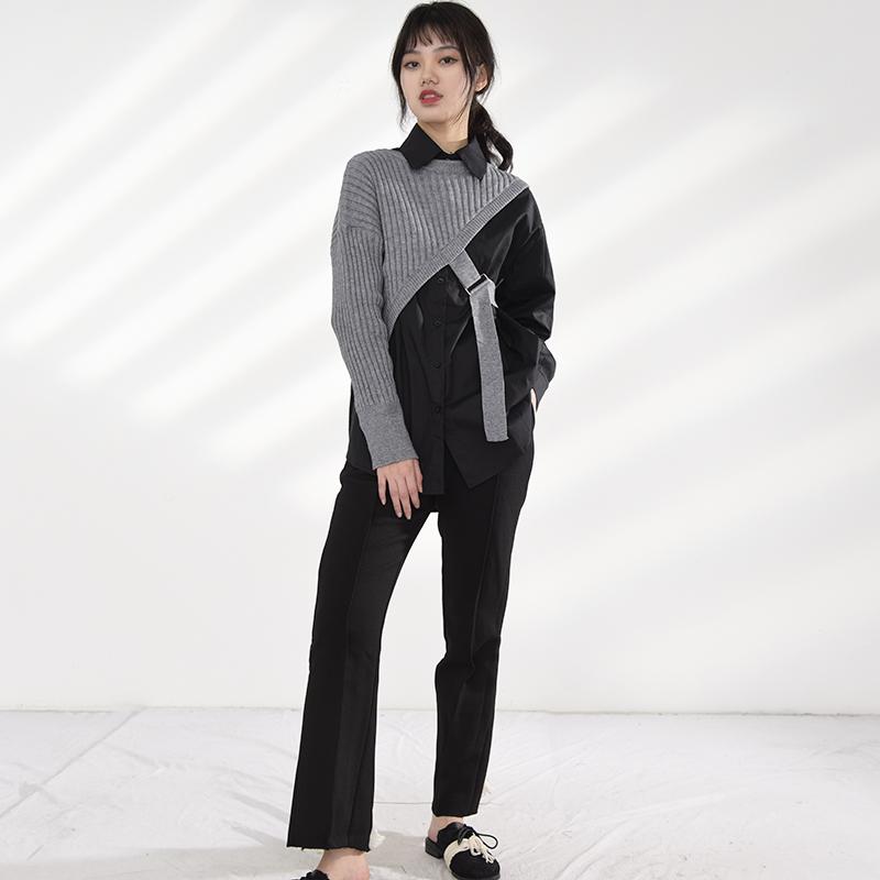 Marigold Shadows shirts Manami Knitted Long Sleeve Irregular Shirt - Gray