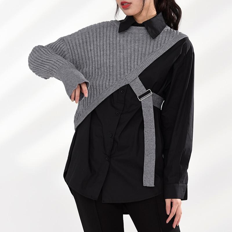 Marigold Shadows shirts Manami Knitted Long Sleeve Irregular Shirt - Gray