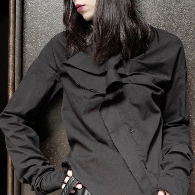 Marigold Shadows shirts Minami Ruffle Long Sleeve Irregular Shirt - Black