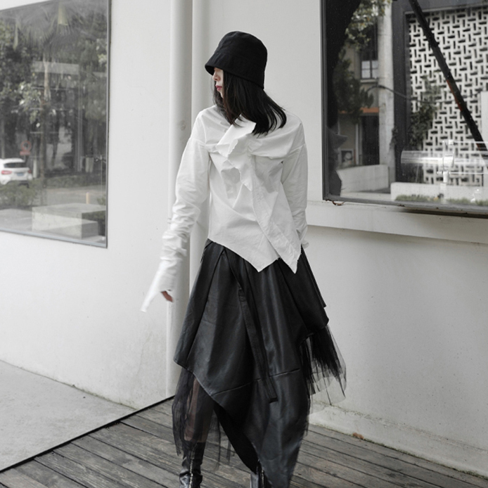 Marigold Shadows shirts Minami Ruffle Long Sleeve Irregular Shirt - White