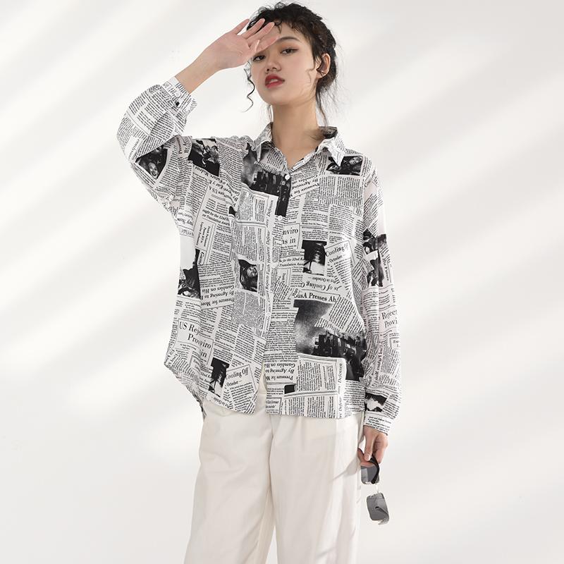 Marigold Shadows shirts Mutsuko Newspaper Print Long Sleeve Shirt