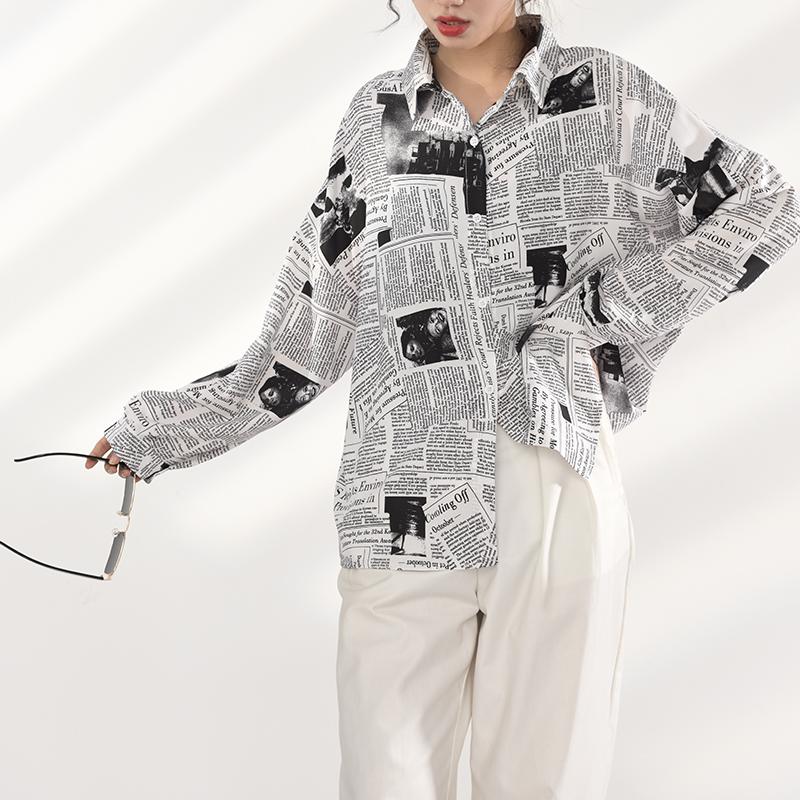 Marigold Shadows shirts Mutsuko Newspaper Print Long Sleeve Shirt