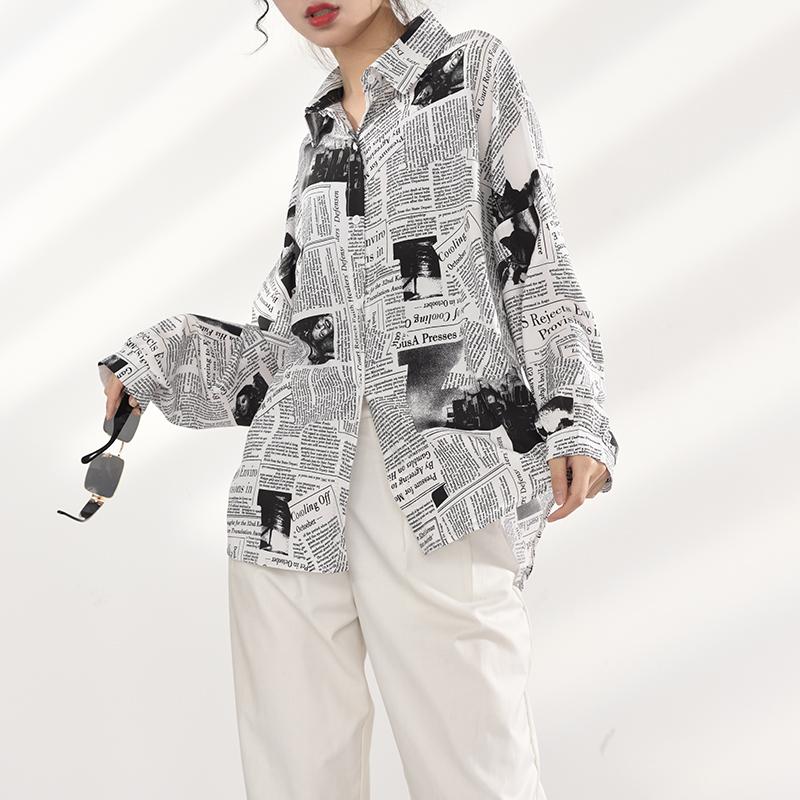 Marigold Shadows shirts Mutsuko Newspaper Print Long Sleeve Shirt