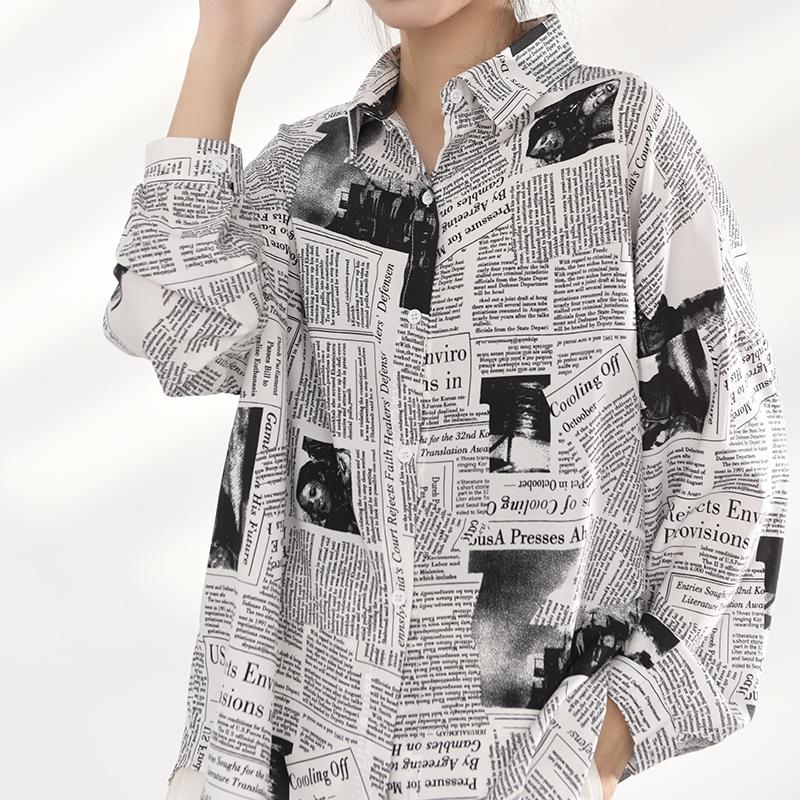 Marigold Shadows shirts Mutsuko Newspaper Print Long Sleeve Shirt