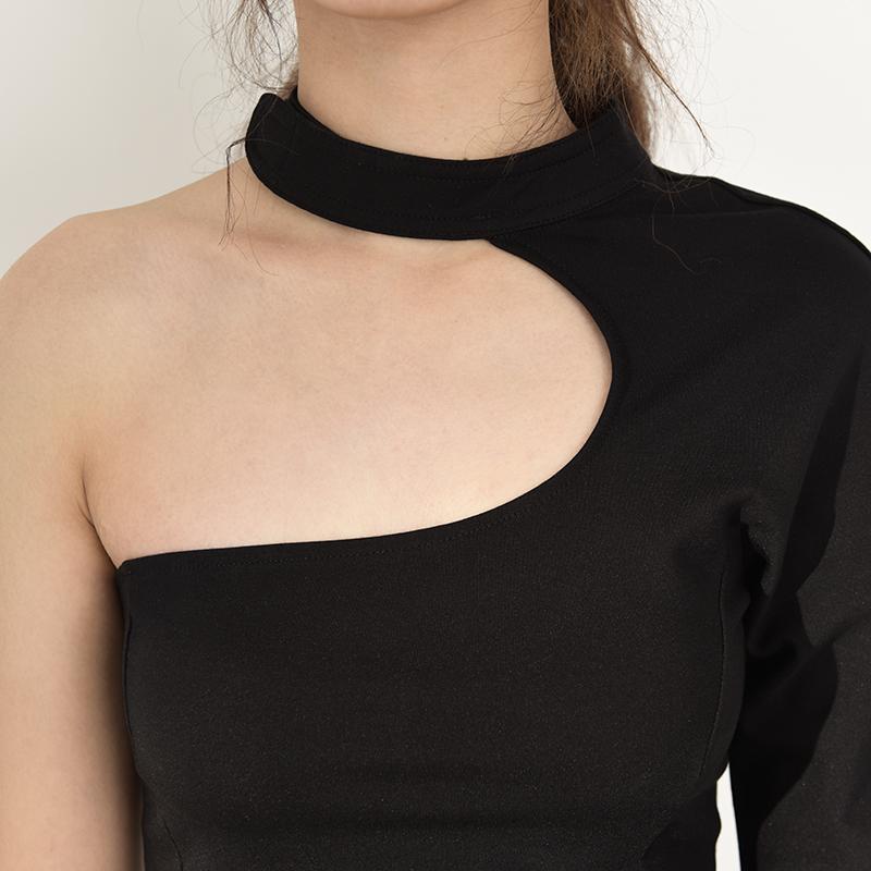 Marigold Shadows shirts Nanako O-Neck Long Sleeve Crop Top - Black