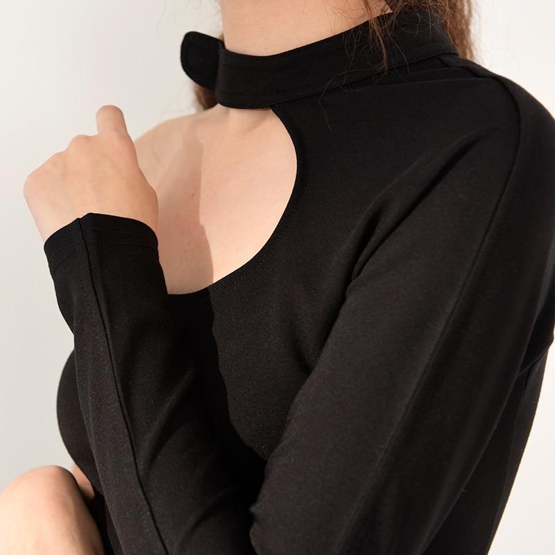 Marigold Shadows shirts Nanako O-Neck Long Sleeve Crop Top - Black